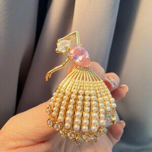 Dancer Brooch Gold Tone Pearl Skirt Modern Costume Jewelry 2"